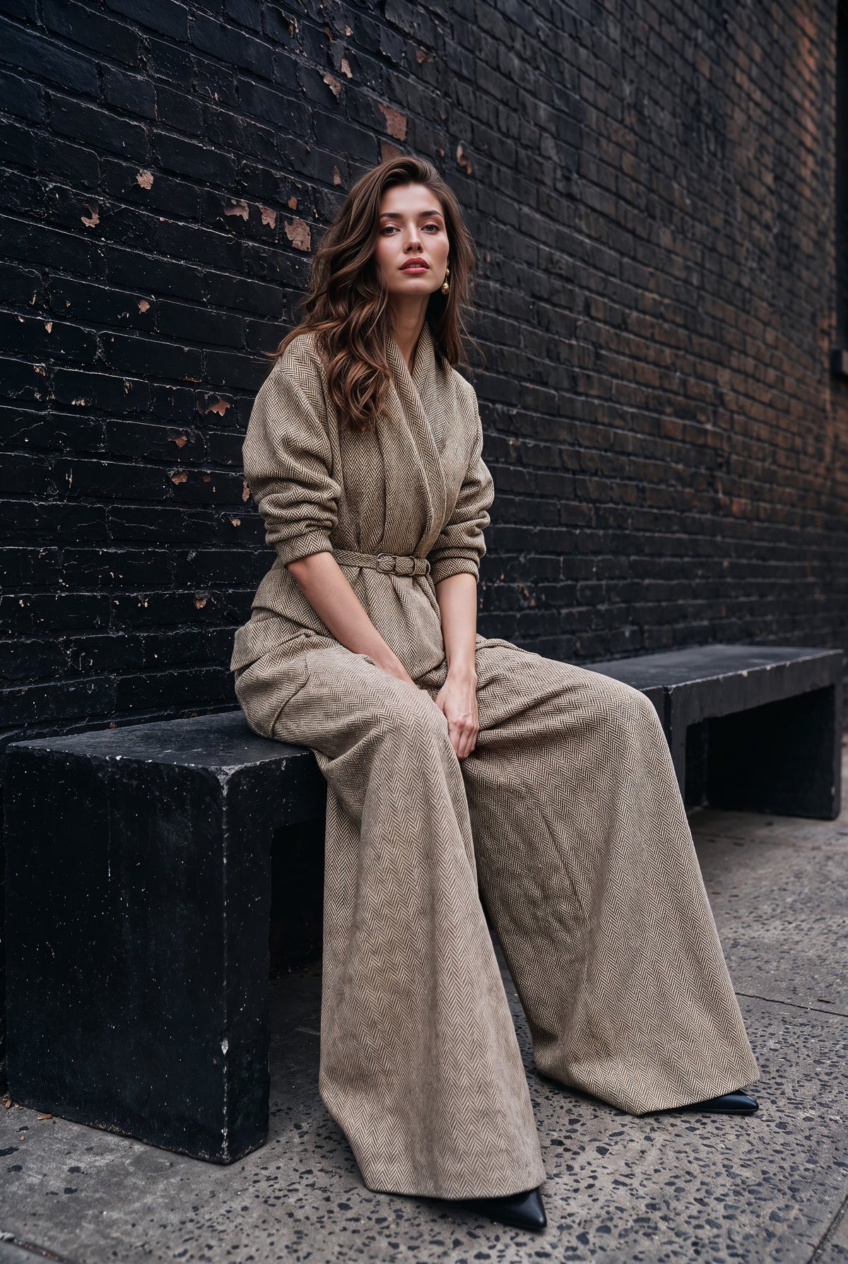 A woman wearing a beige wide-leg jumpsuit sits on a black concrete bench against a dark brick wall.