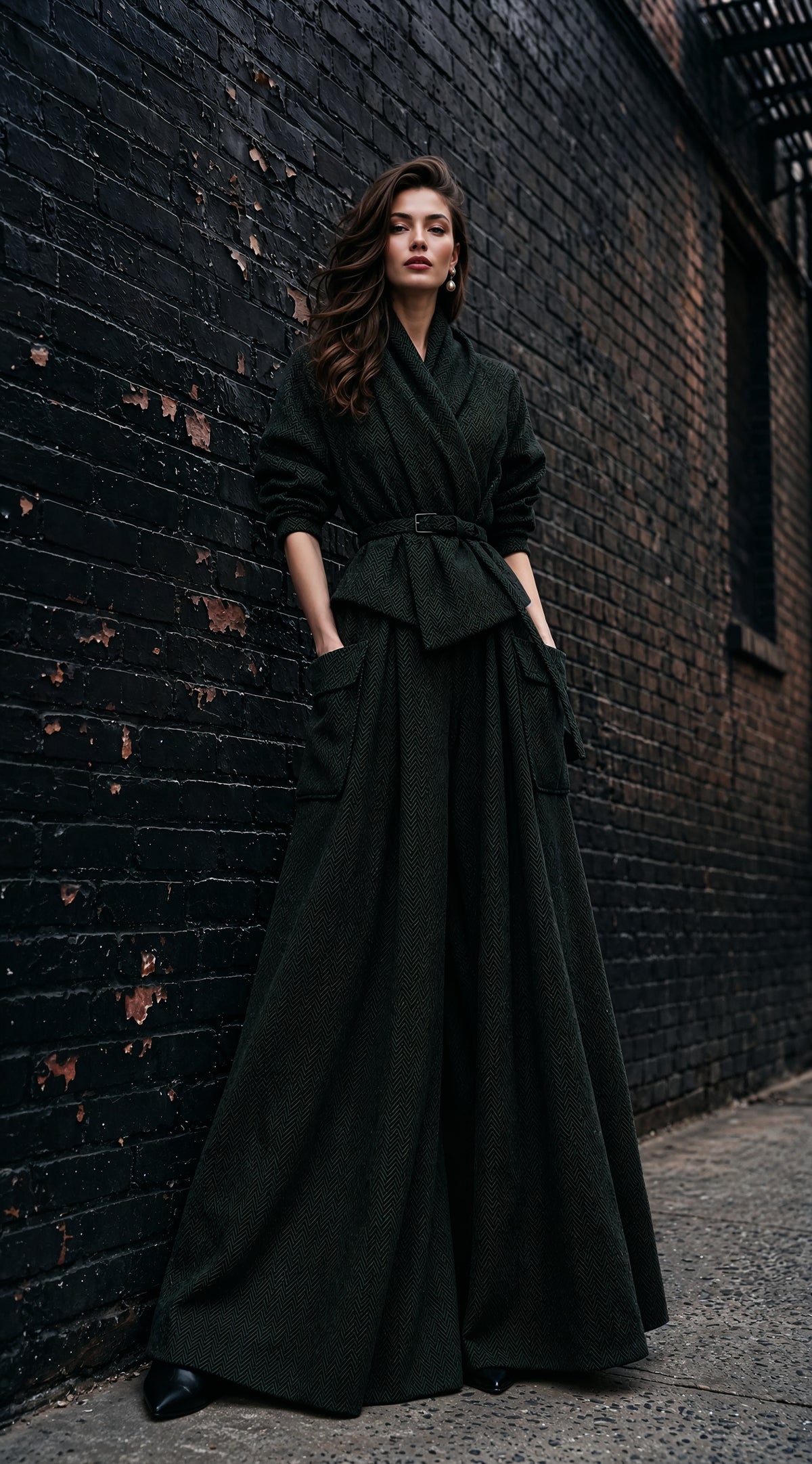 Vienna forest-green herringbone jacket and palazzo trouser set, front view