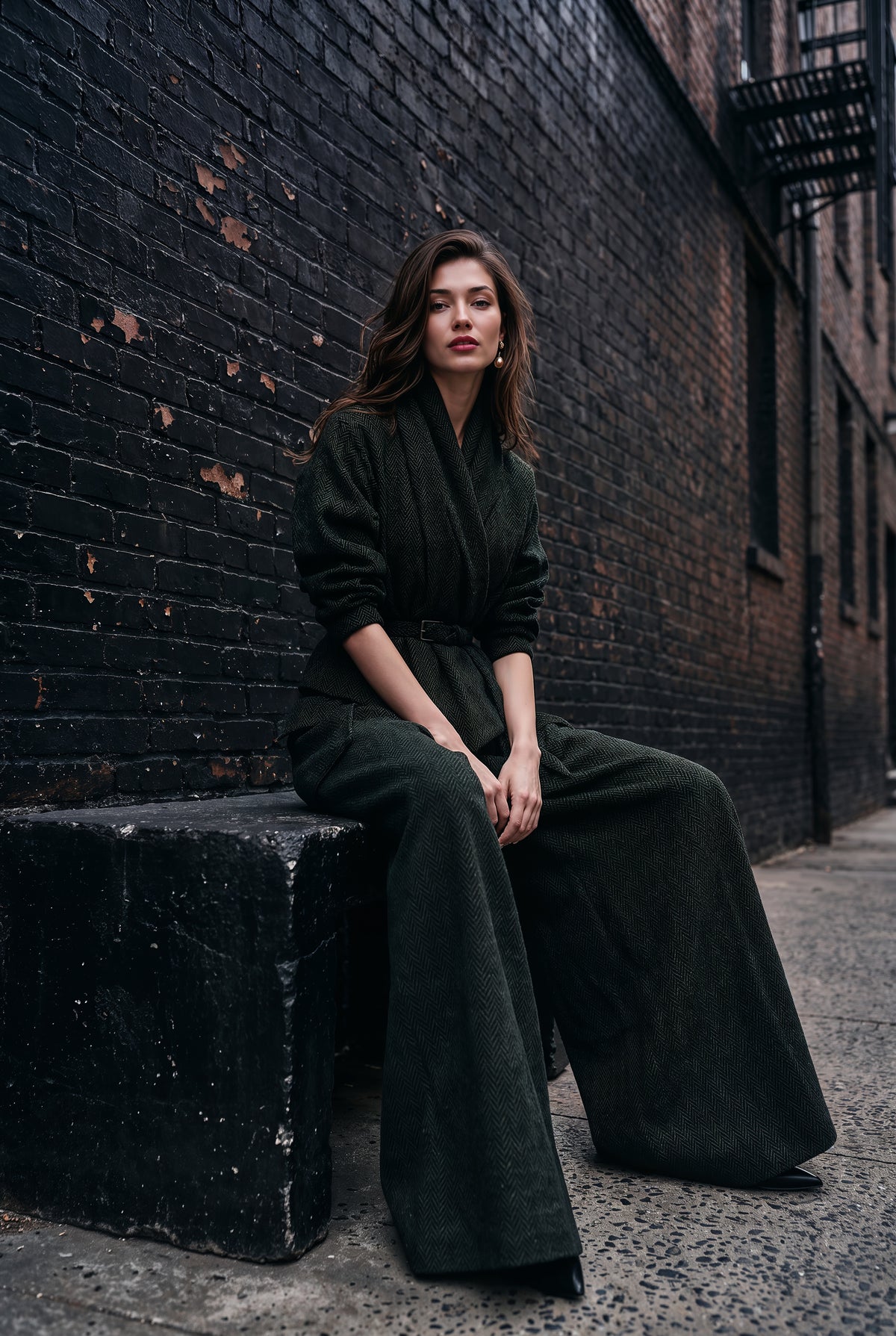 Vienna forest-green jacket with draped shawl collar and buckle belt
