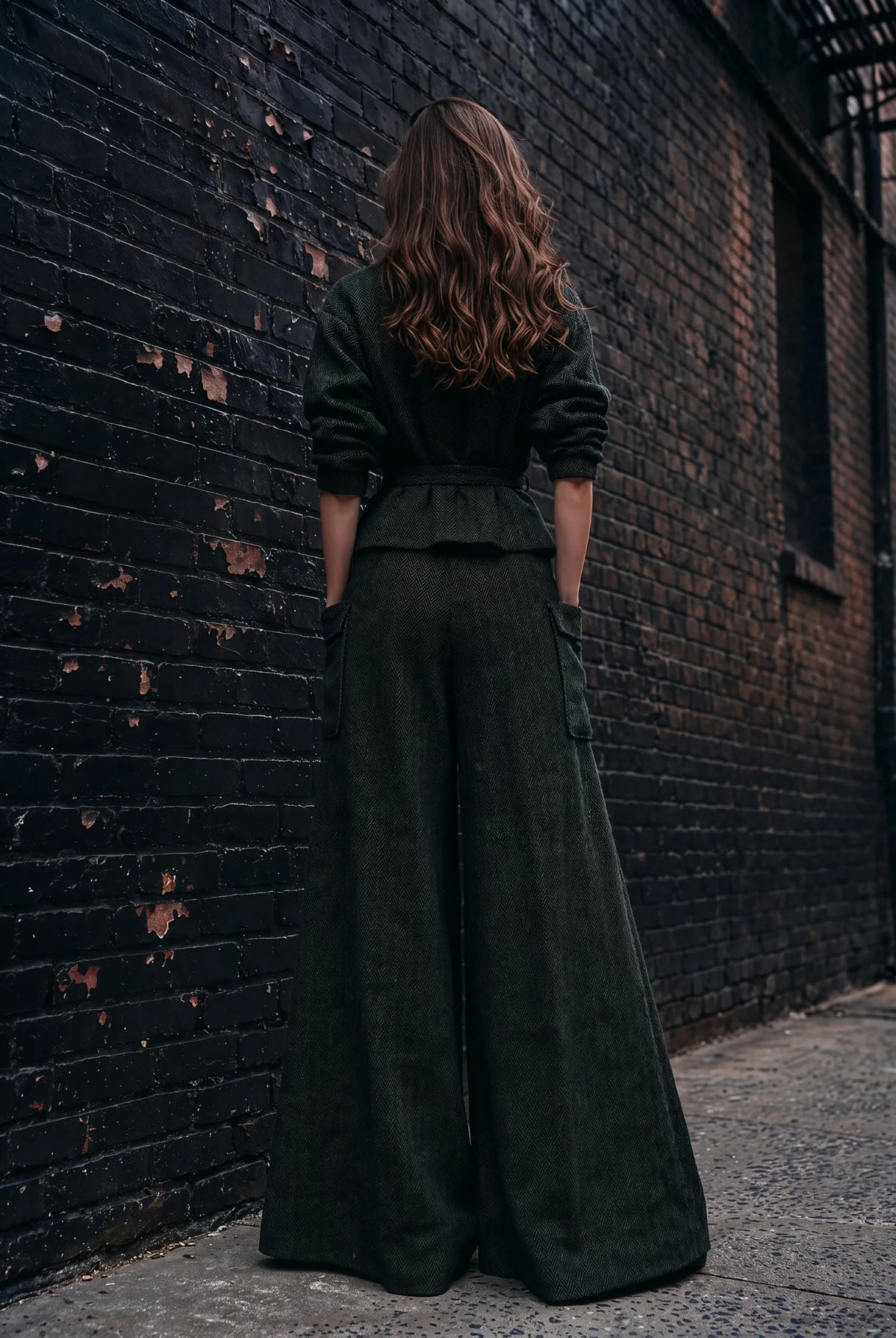 Vienna Forest Green Herringbone Palazzo Trouser Set
