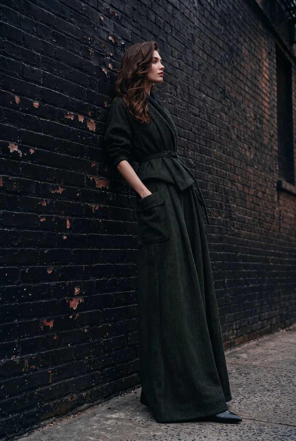 Vienna Forest Green Herringbone Palazzo Trouser Set