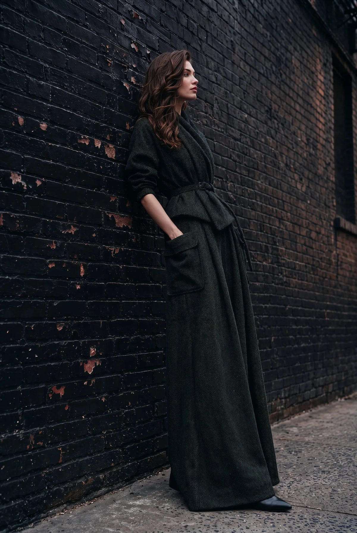 Vienna Forest Green Herringbone Palazzo Trouser Set