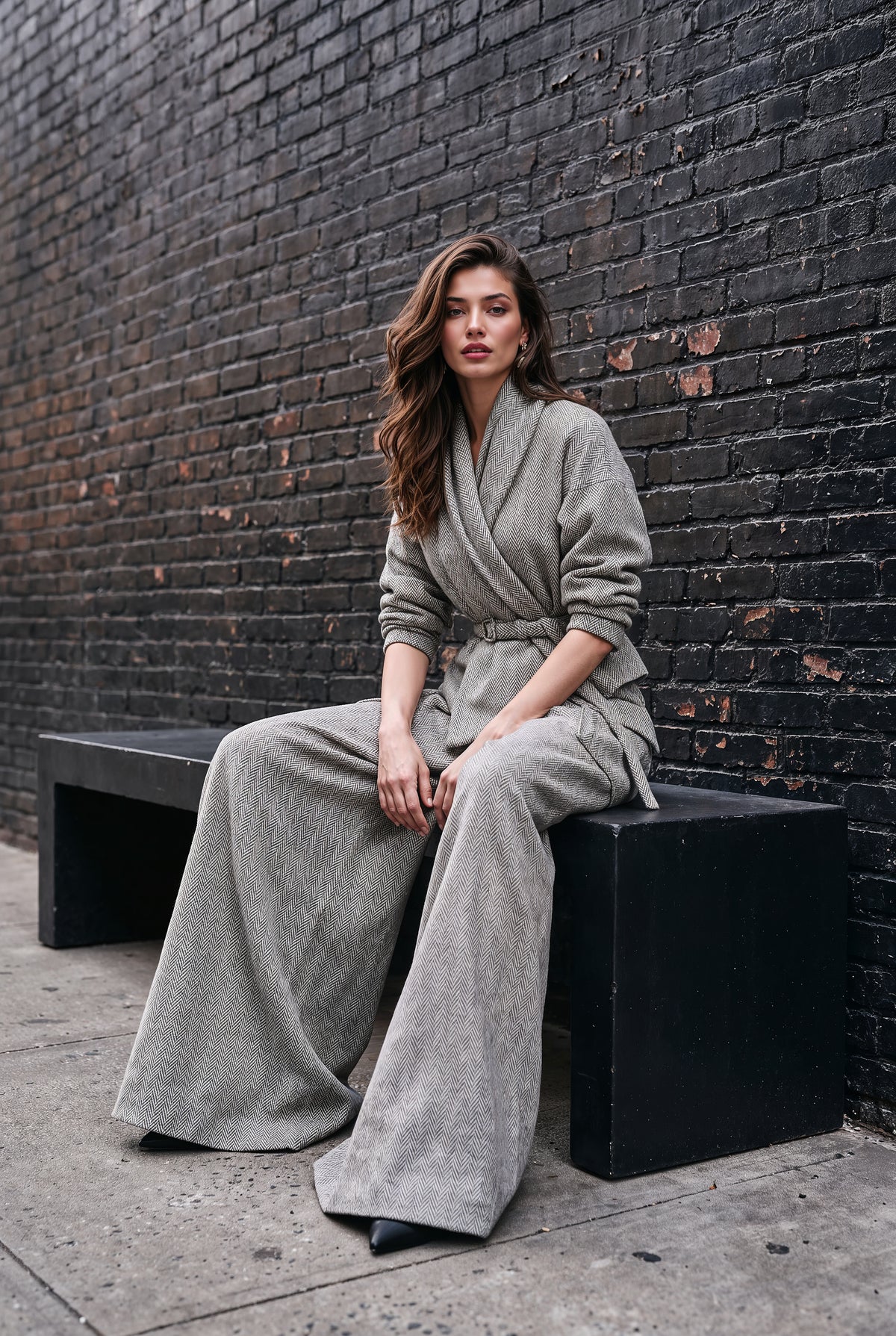 A woman wearing a light gray belted wrap jacket and matching wide-leg trousers sits on a black bench against a dark brick wall.