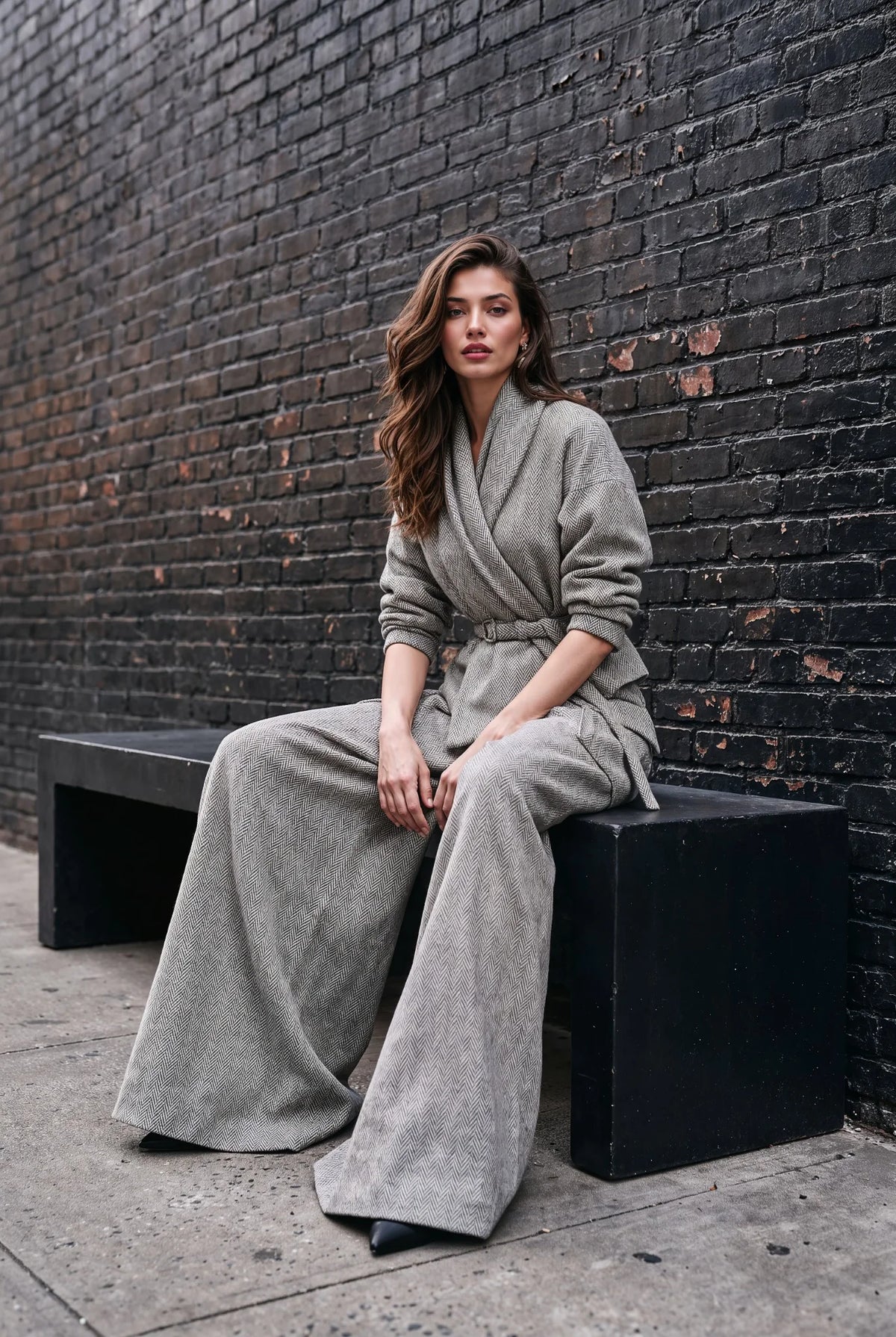 Vienna Light Grey Herringbone Palazzo Trouser Set