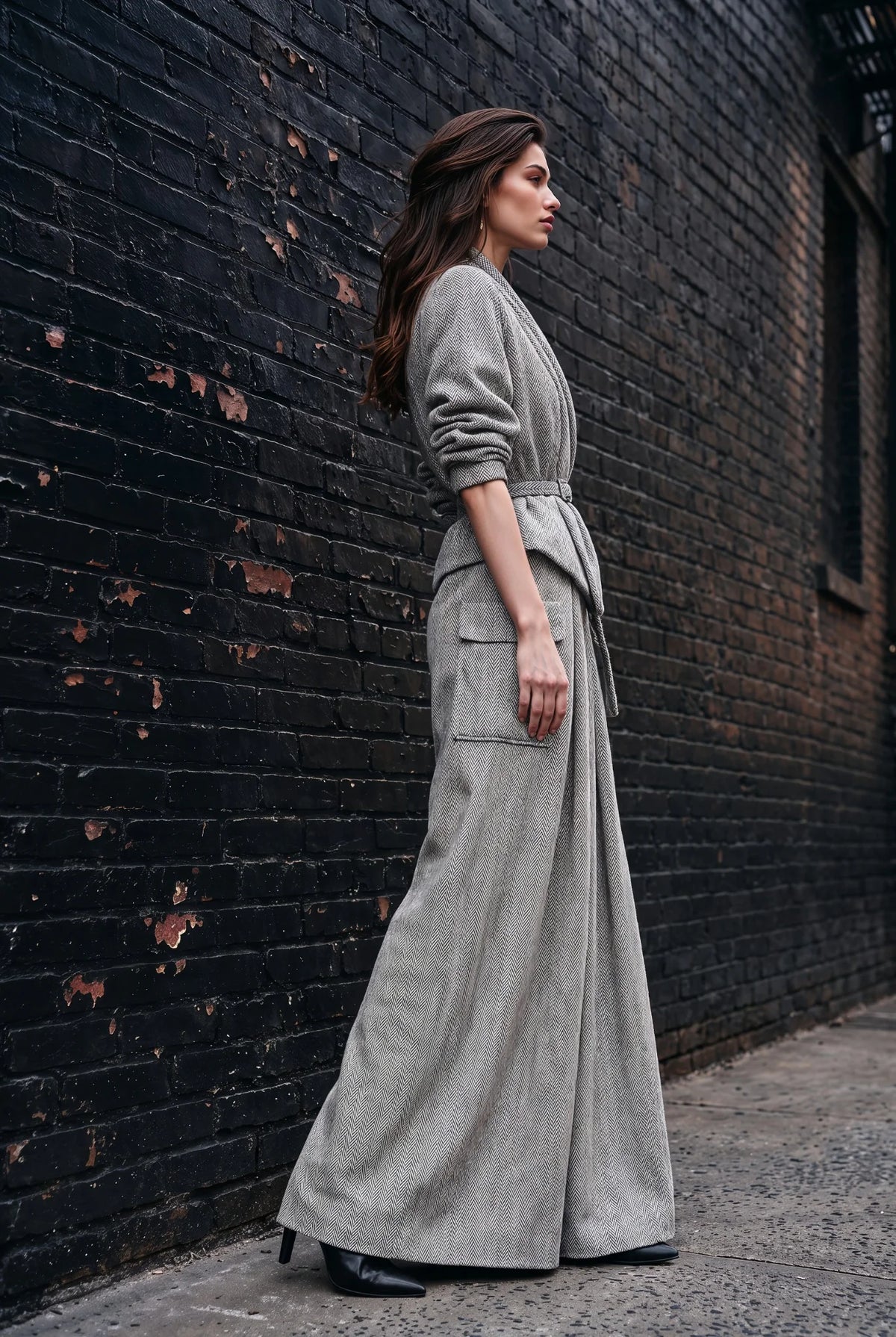 Vienna Light Grey Herringbone Palazzo Trouser Set