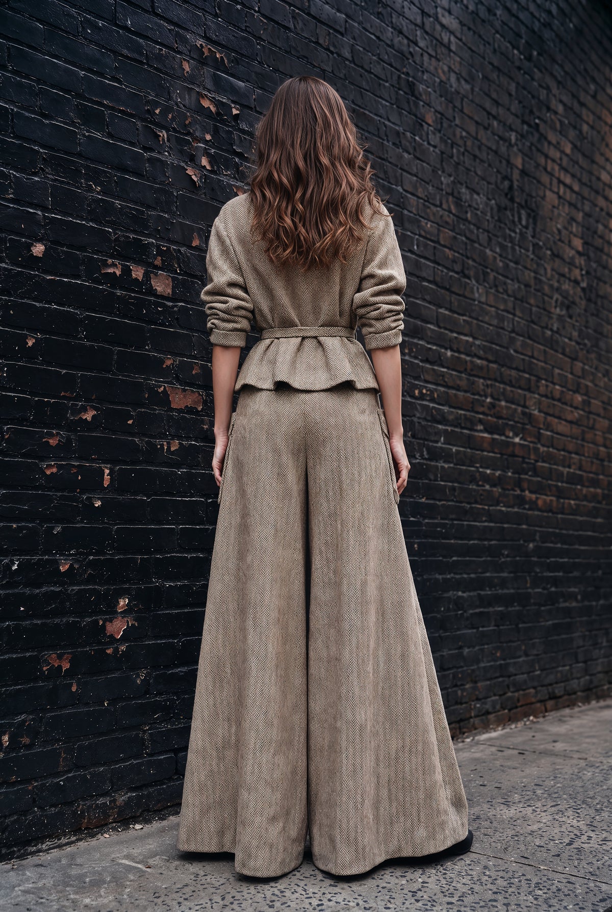Vienna Beige Herringbone Palazzo Trouser Set
