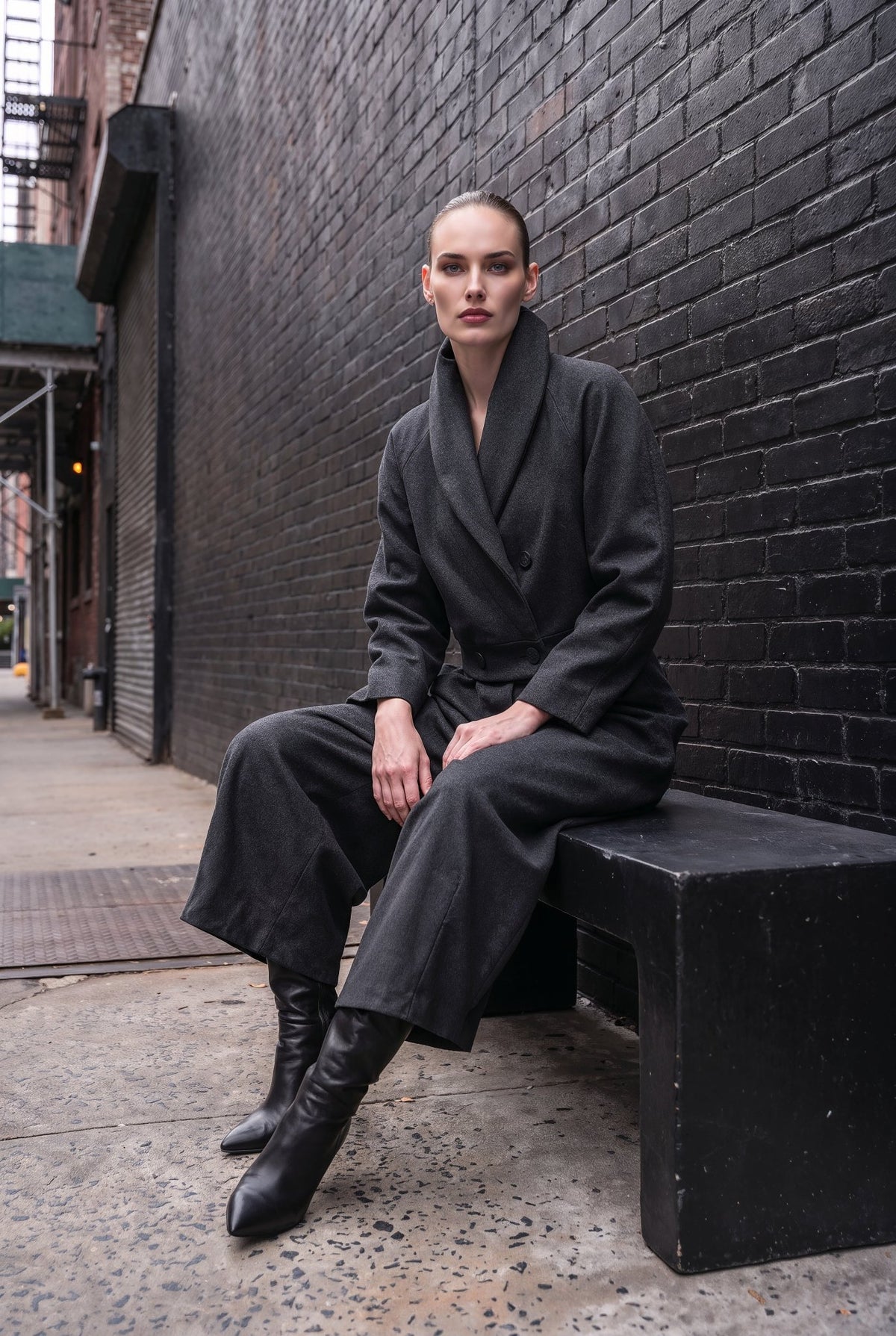 A model sits on a black concrete bench against a dark brick wall, wearing a black shawl collar wrap coat with wide-leg cropped pants and black pointed-toe ankle boots.