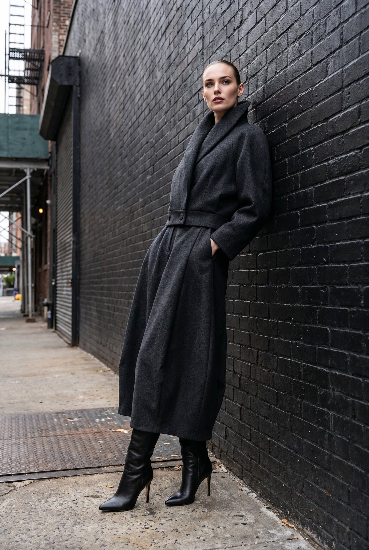 A woman wearing a long black wool coat with a belted waist and black knee-high heeled boots, leaning against a black brick wall on a city sidewalk.