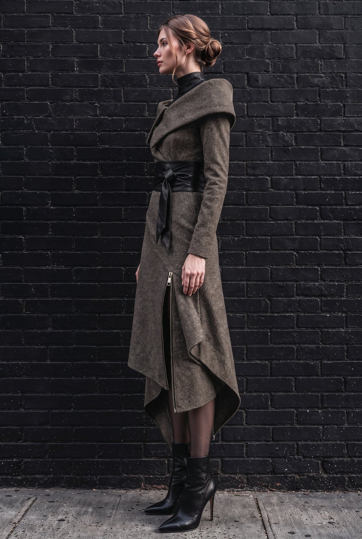 A model stands in profile against a black brick wall wearing a long, oversized brown coat with a wide lapel, black belt, and asymmetrical hem, paired with black ankle boots.