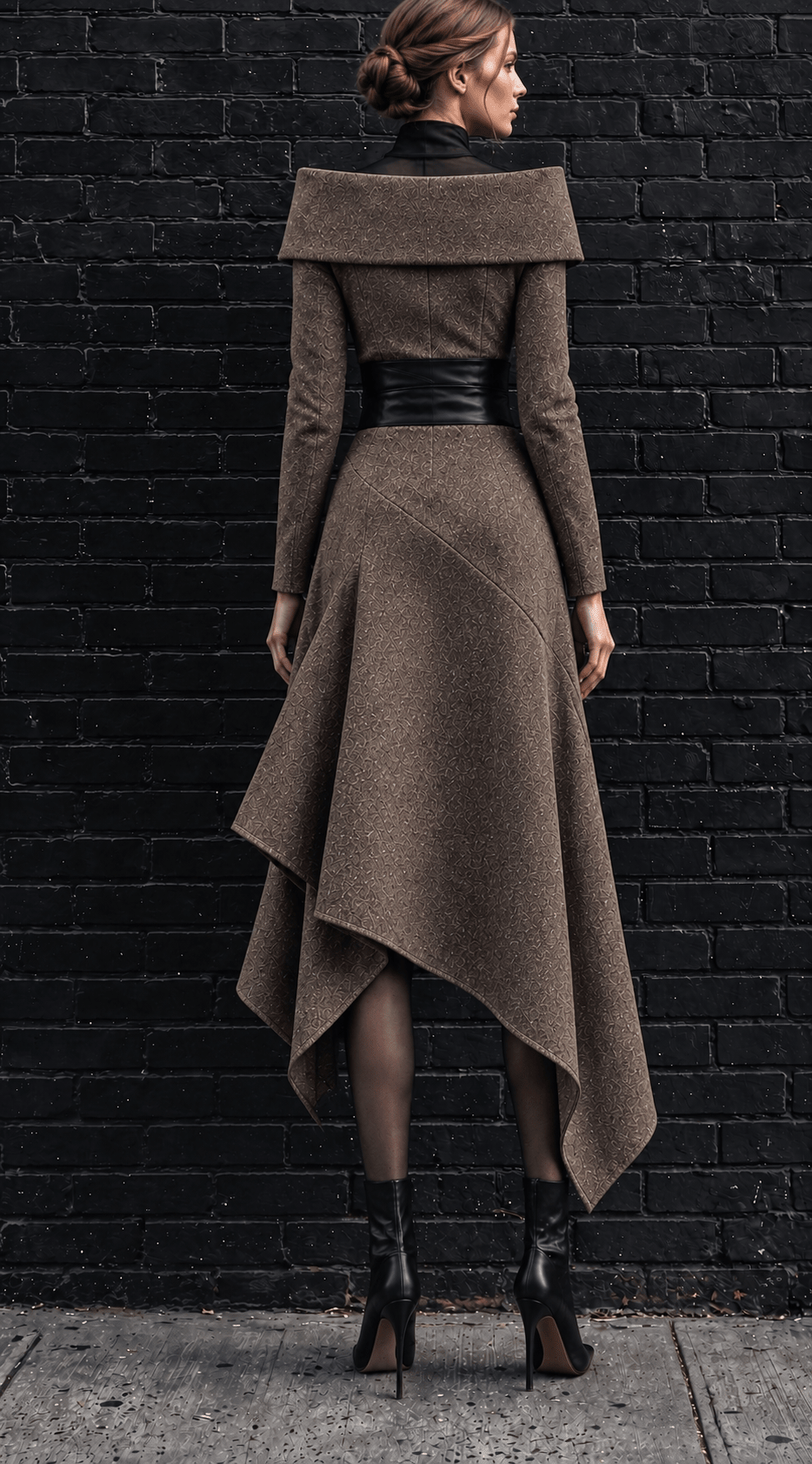 A model from behind wearing a brown asymmetrical long-sleeve coat with a wide collar and a black belt, standing against a black brick wall.