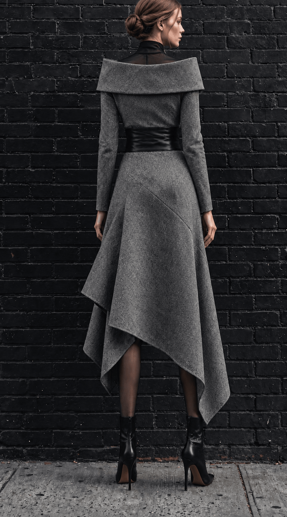 Tokyo heather-grey asymmetric midi dress, back view
