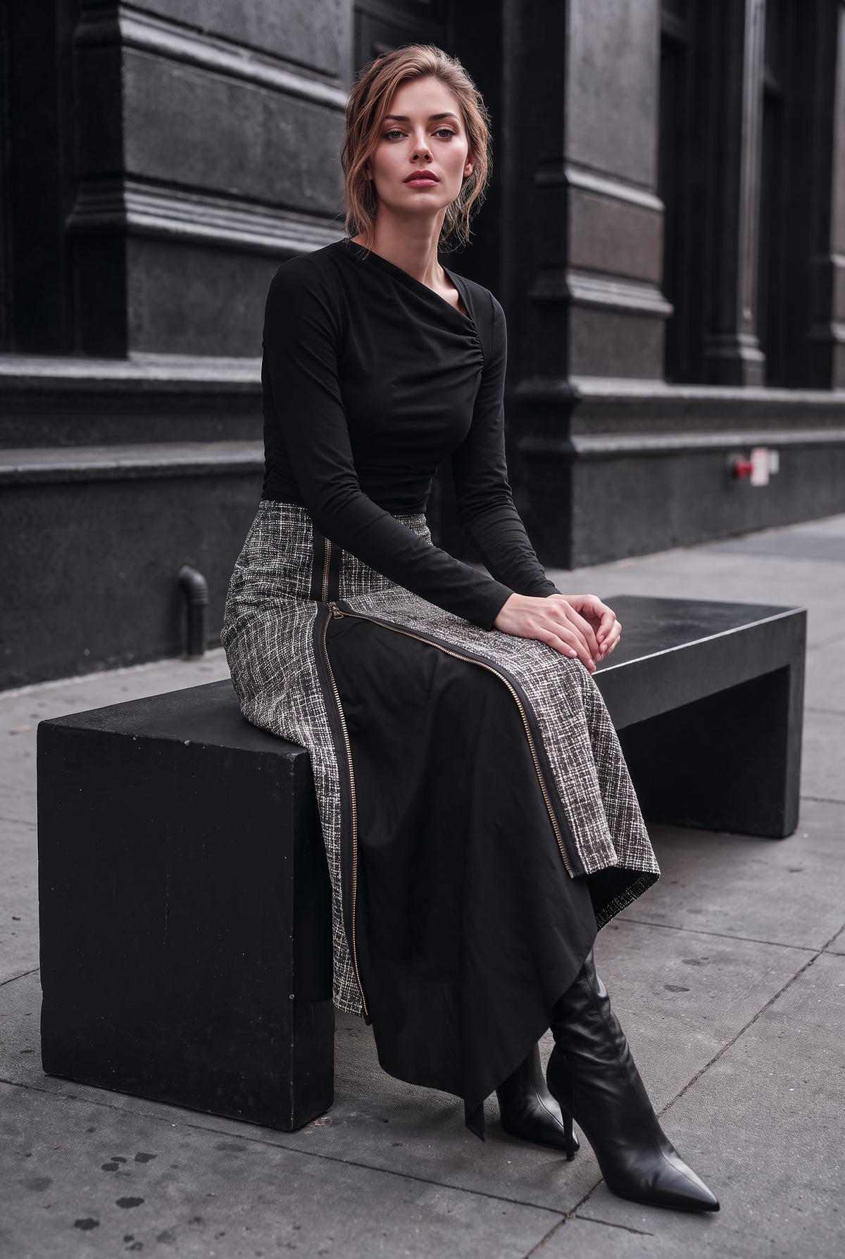 Milan Black and White Tweed Zip Midi Skirt