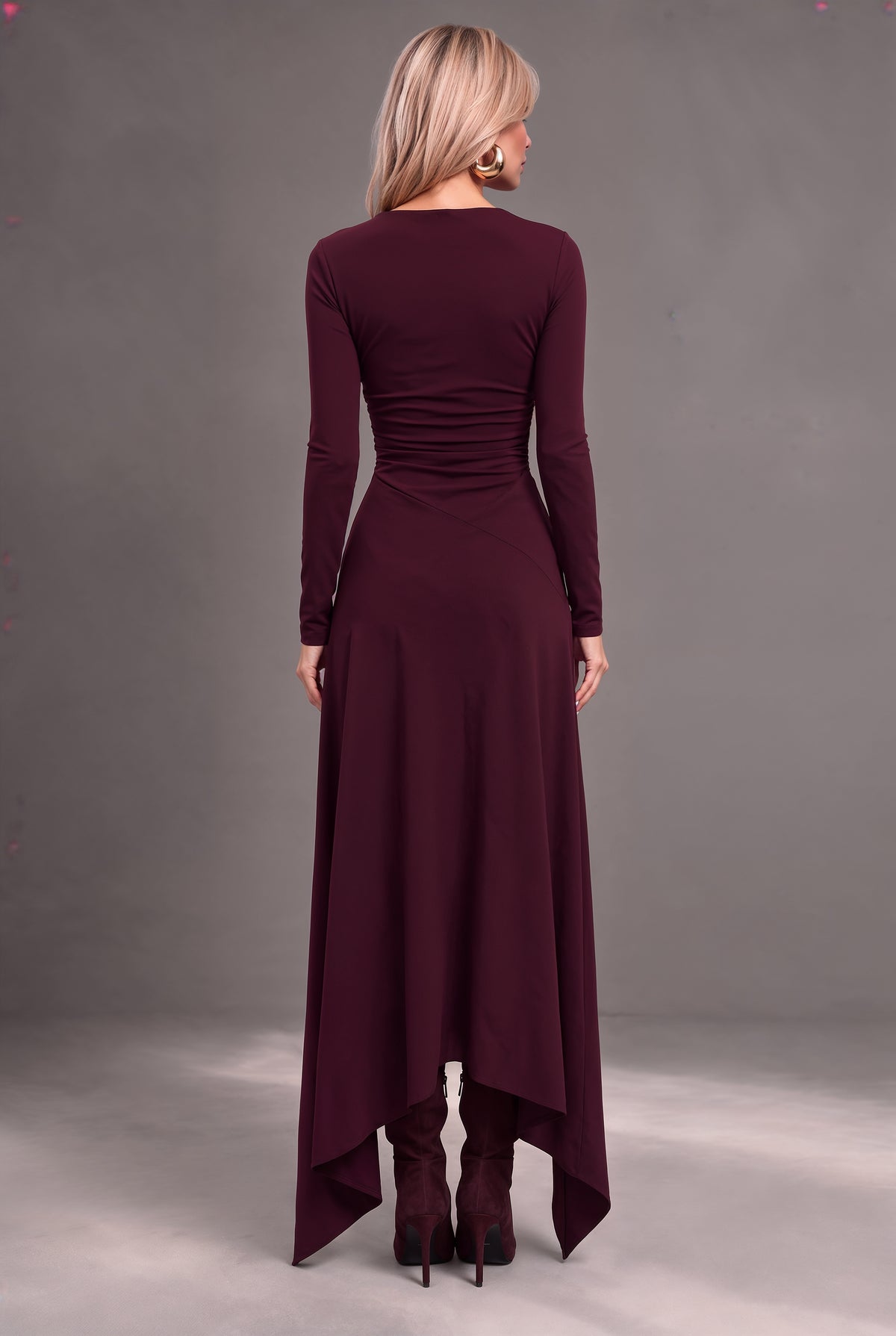 Dubai burgundy jersey maxi dress with ruched bodice and handkerchief hem
