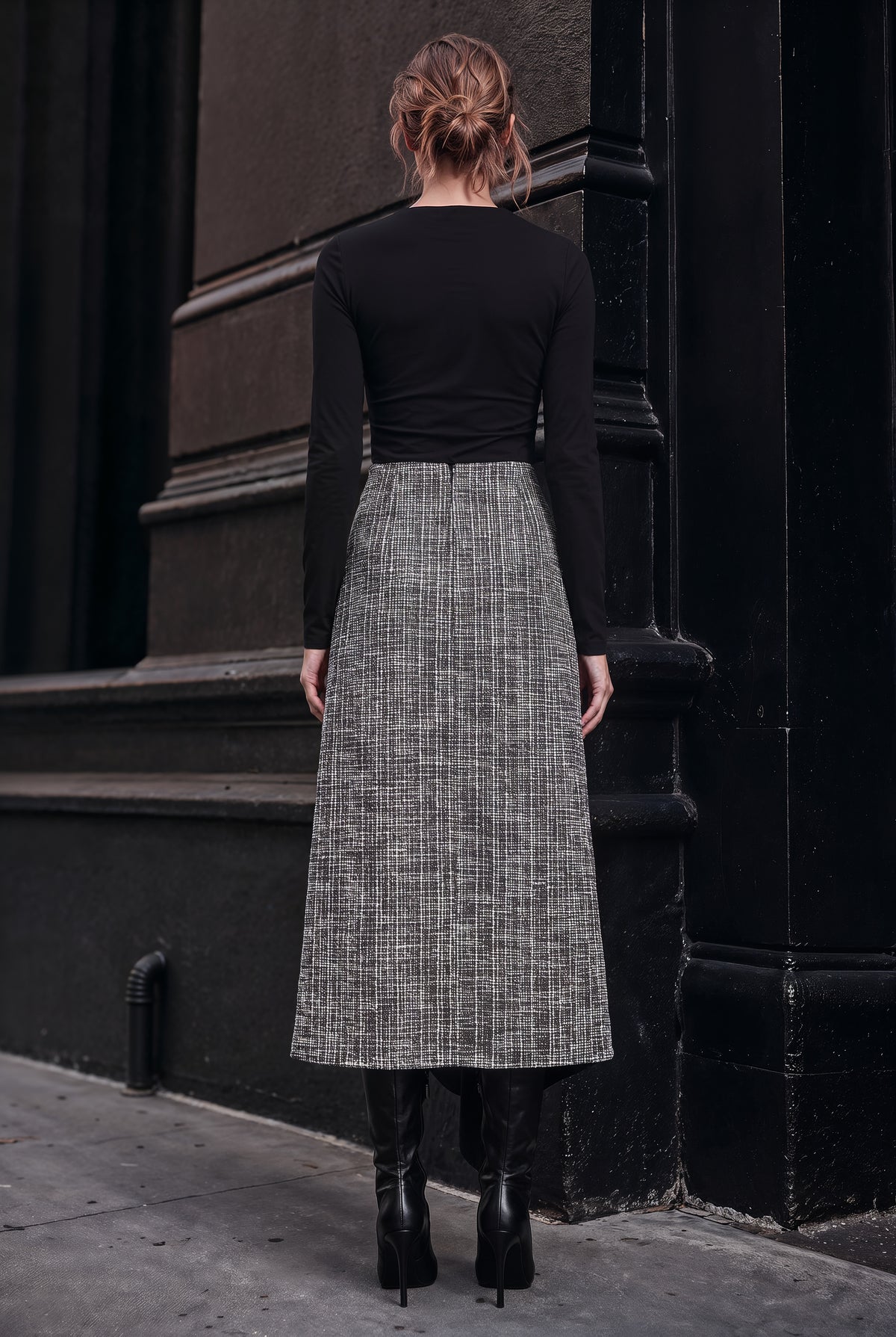 Milan Black and White Tweed Zip Midi Skirt