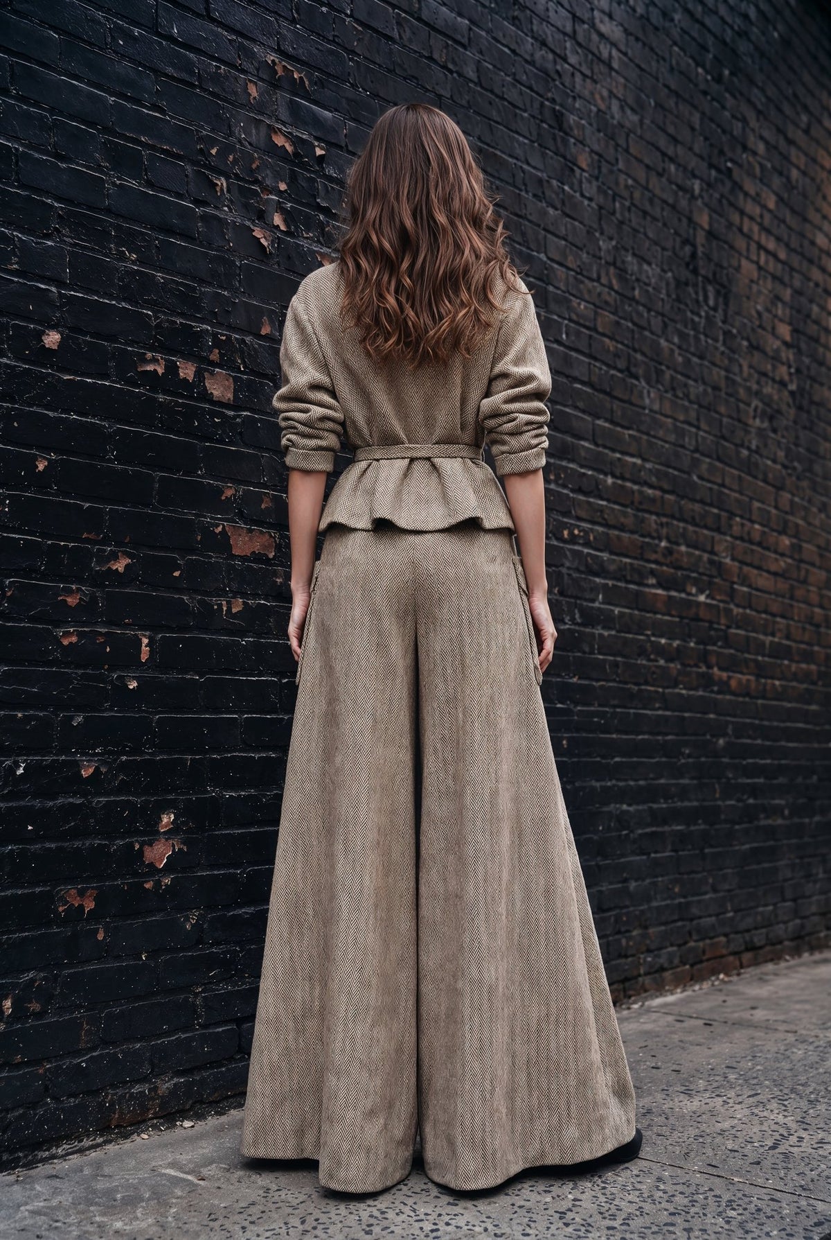 Vienna Beige Herringbone Palazzo Trouser Set - SIMOVSKA