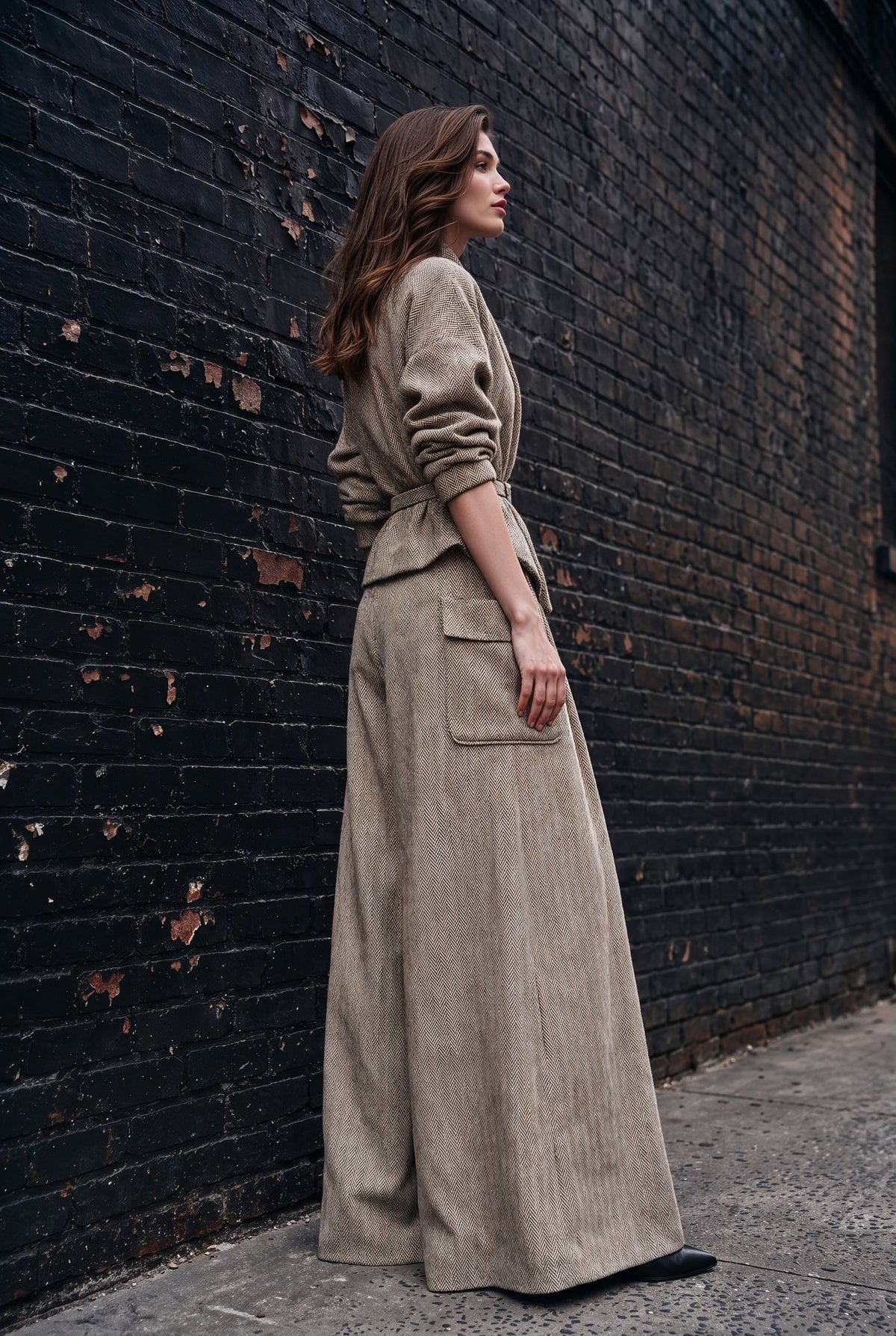 A woman stands in profile against a dark brick wall, wearing a long taupe-beige belted jacket and matching wide-leg trousers.