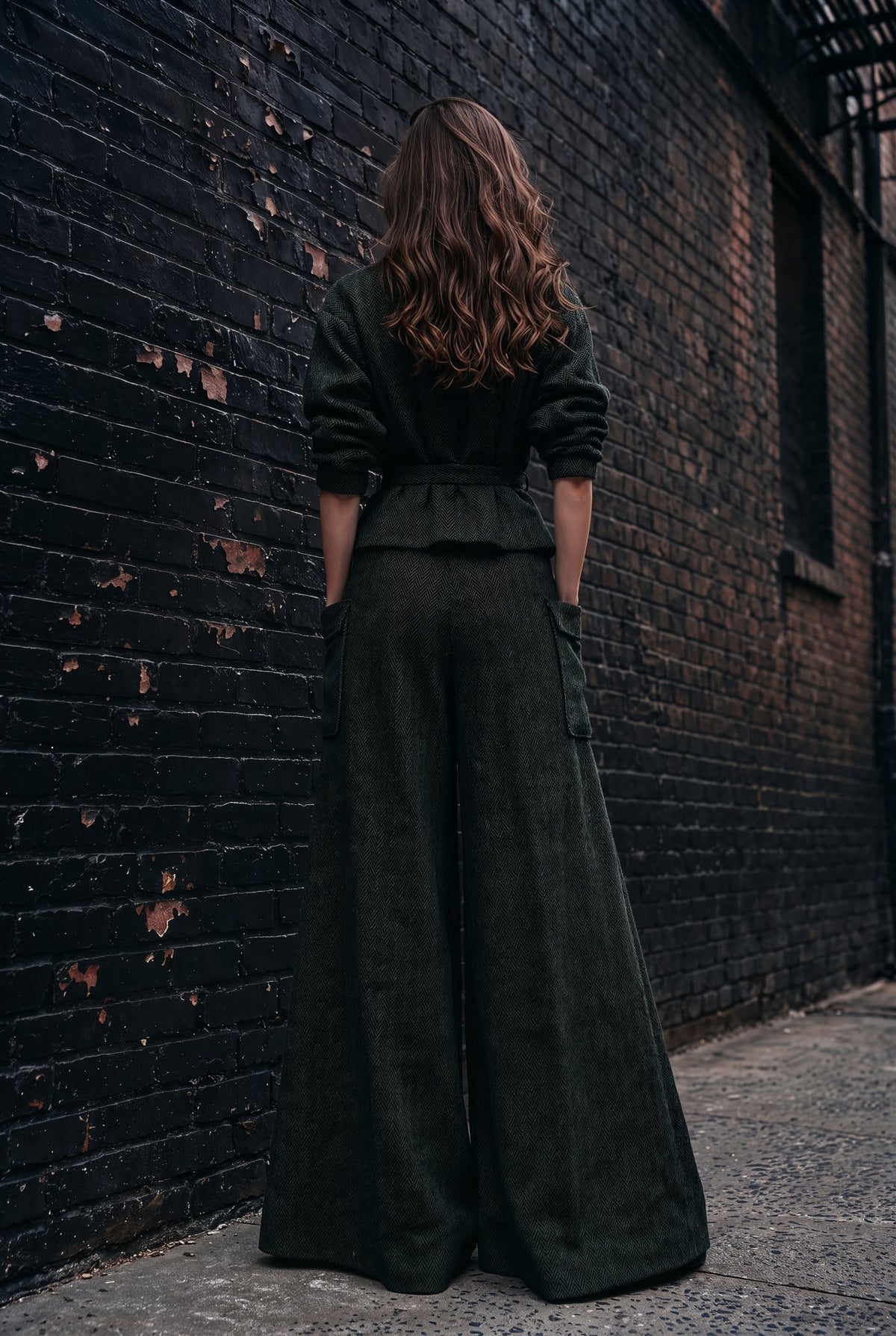 Vienna forest-green herringbone two-piece set, back view