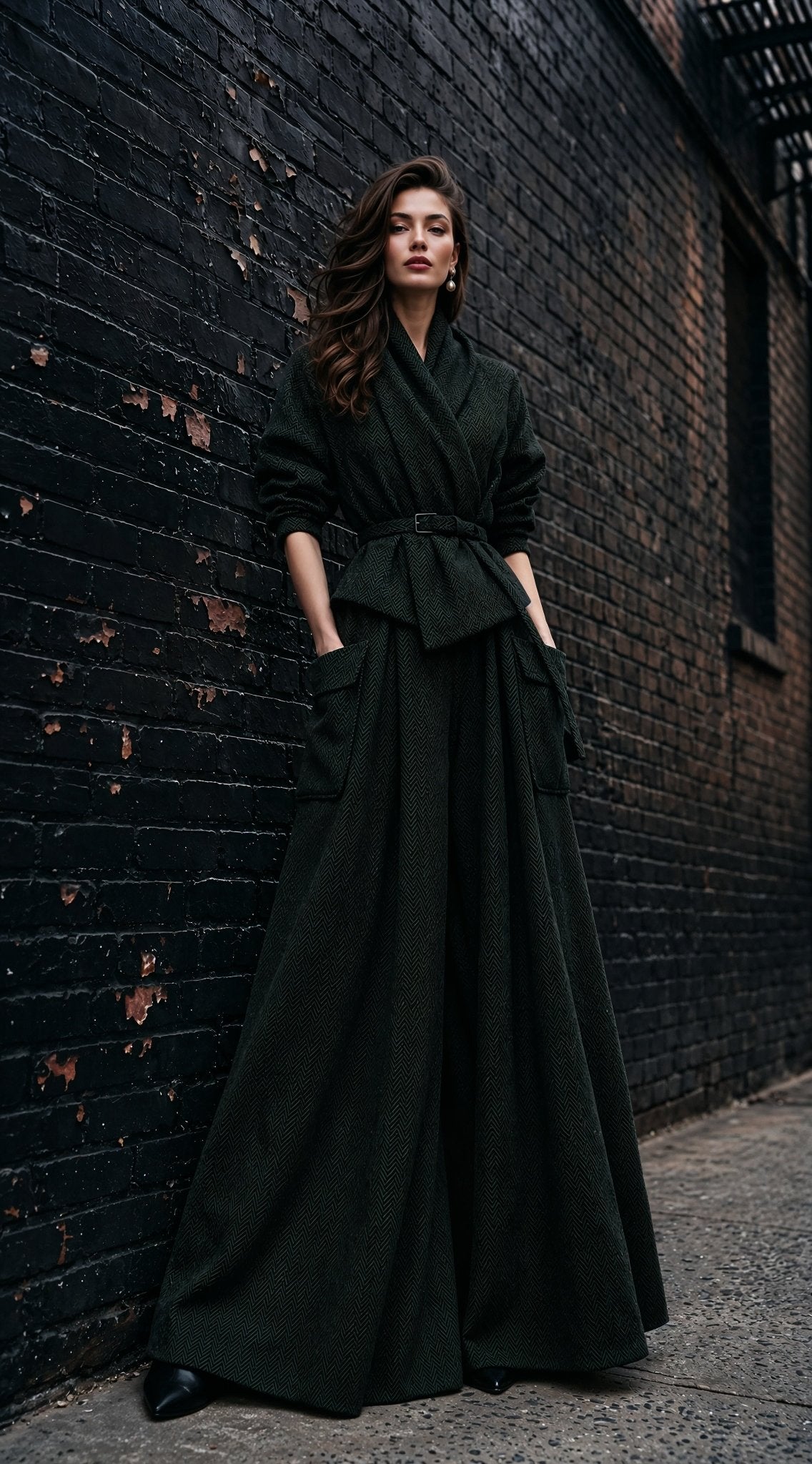 Vienna forest-green herringbone jacket and palazzo trouser set, front view