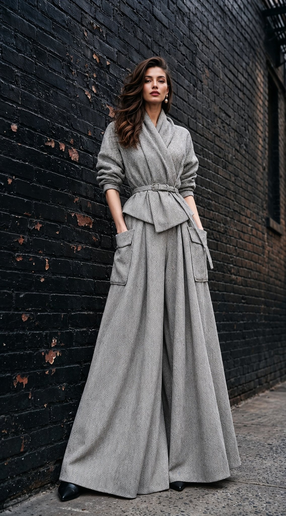 A woman models a light gray belted wrap-style jumpsuit with wide legs and front patch pockets, standing against a dark brick wall.