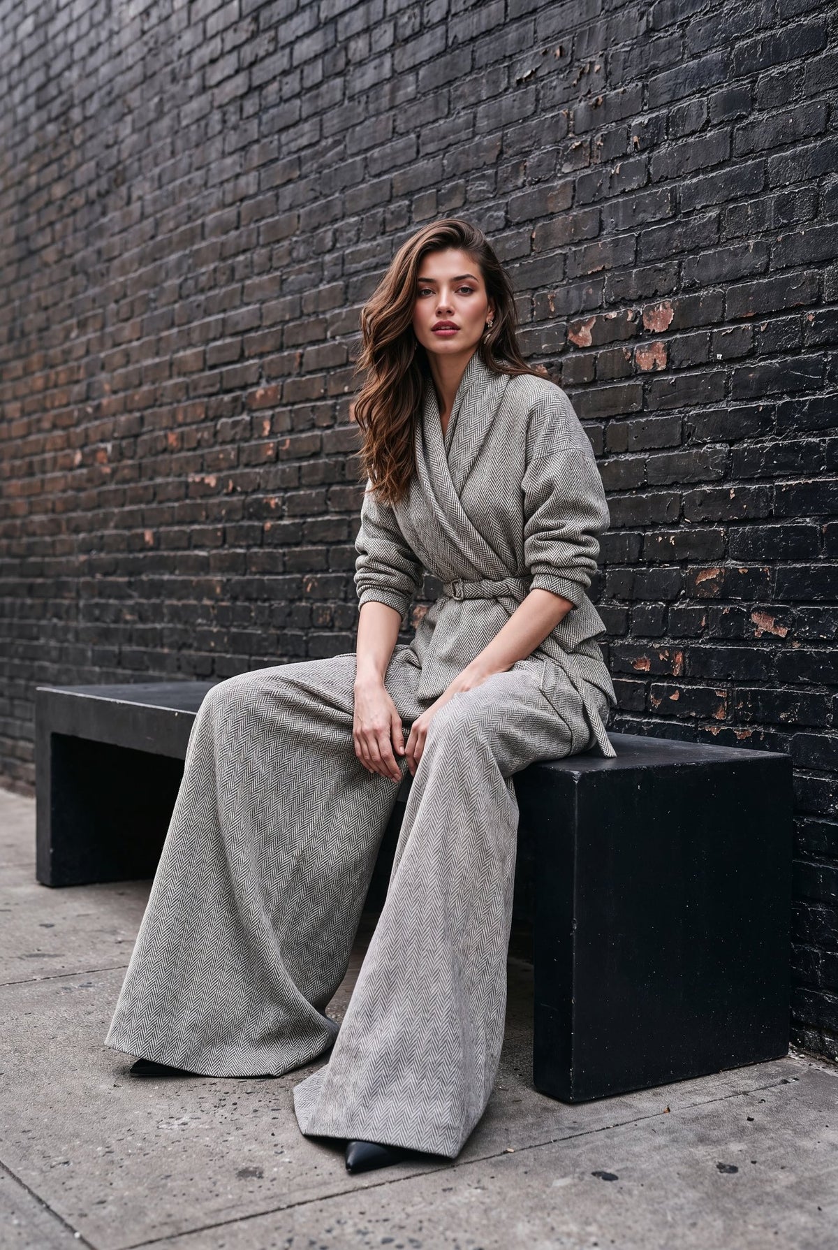 A woman wearing a light gray belted wrap jacket and matching wide-leg trousers sits on a black bench against a dark brick wall.